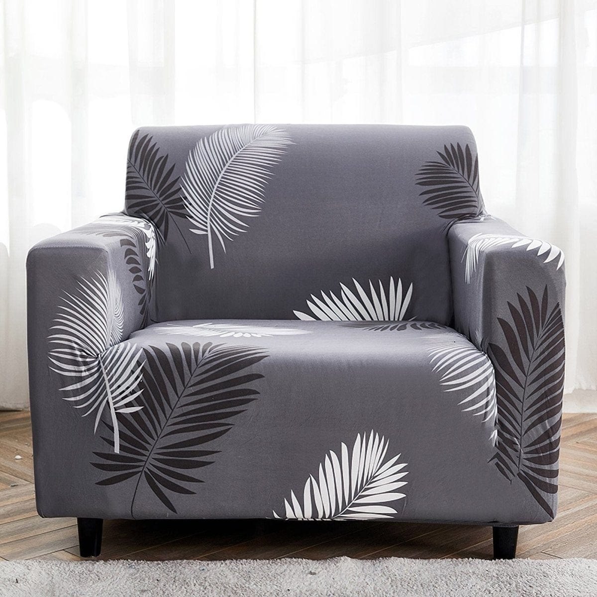 Stretch armchair cover, Grey palm leaves