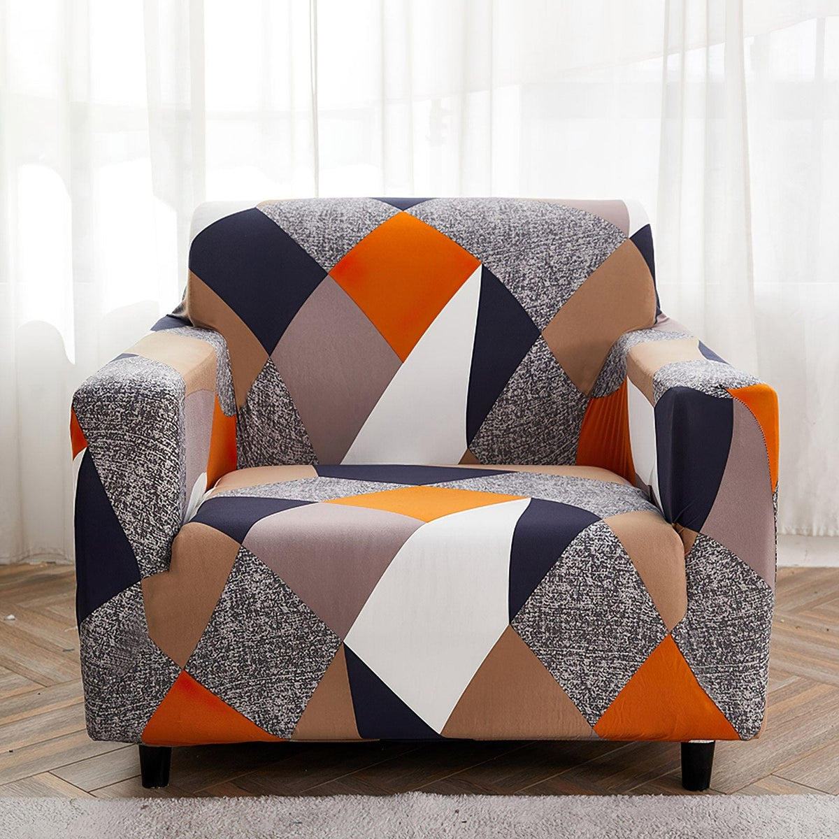 Stretch armchair cover, Orange and navy patchwork