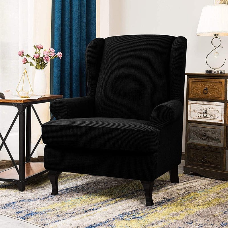 Water-repellent wingback chair cover, Black, fitted on a wingback chair