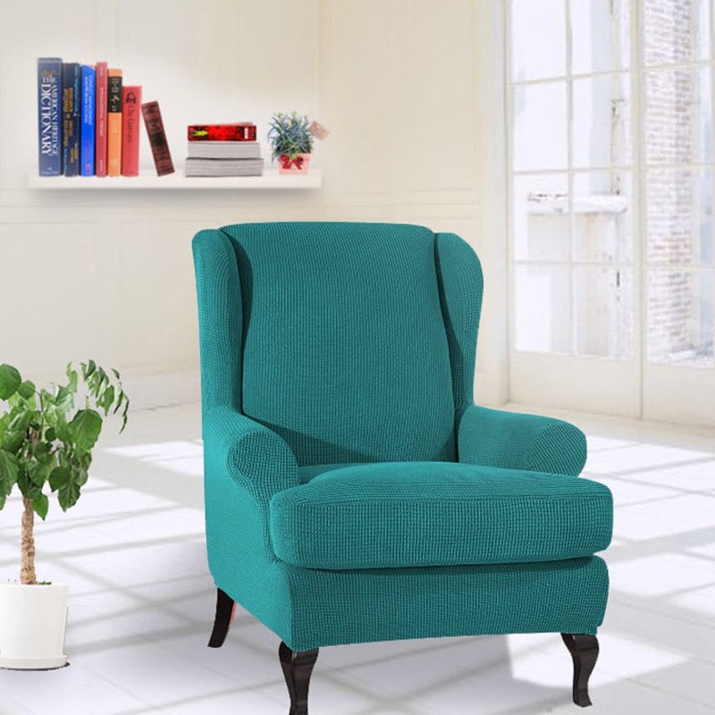 Water-repellent wingback chair cover, Turquoise, fitted on a wingback chair