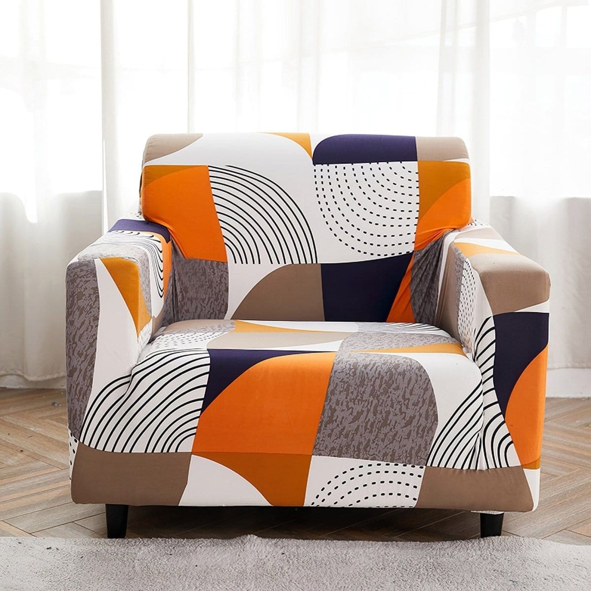 Stretch armchair cover, Orange and black patchwork