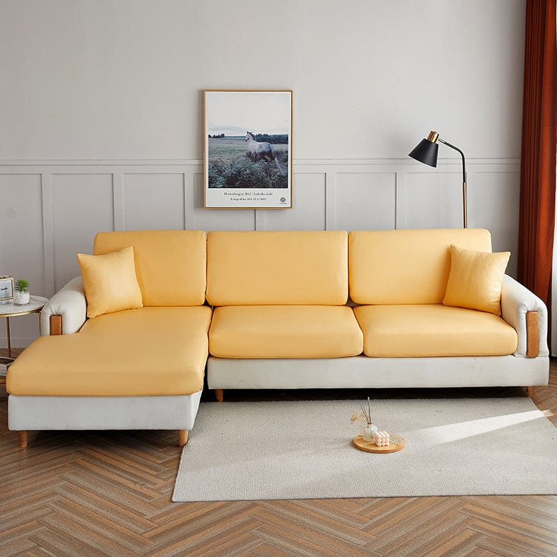 Faux leather sofa cushion cover, Golden yellow, fitted on a sofa's seat and back cushions