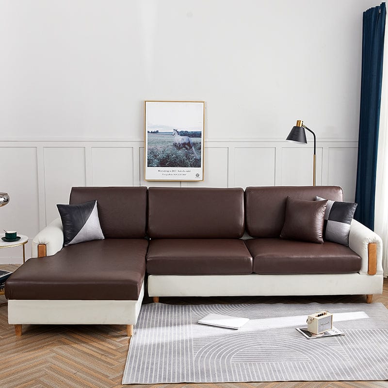 Faux leather sofa cushion cover, Mahogany, fitted on a sofa's seat and back cushions