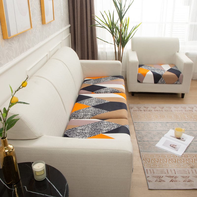 Stretch sofa cushion cover, Orange and navy patchwork, fitted on a sofa's seat and back cushions