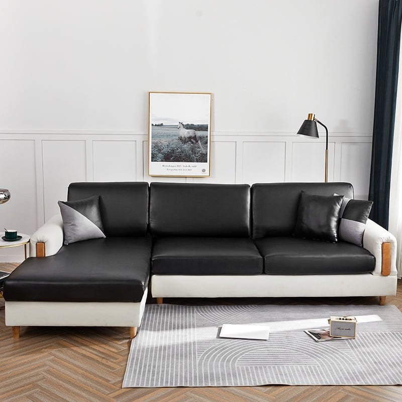 Faux leather sofa cushion cover, Onyx black, fitted on a sofa's seat and back cushions