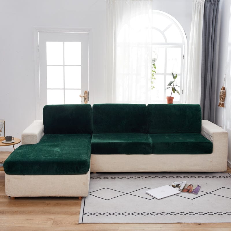 Velvet sofa cushion cover, Bottle green, fitted on a sofa's seat and back cushions
