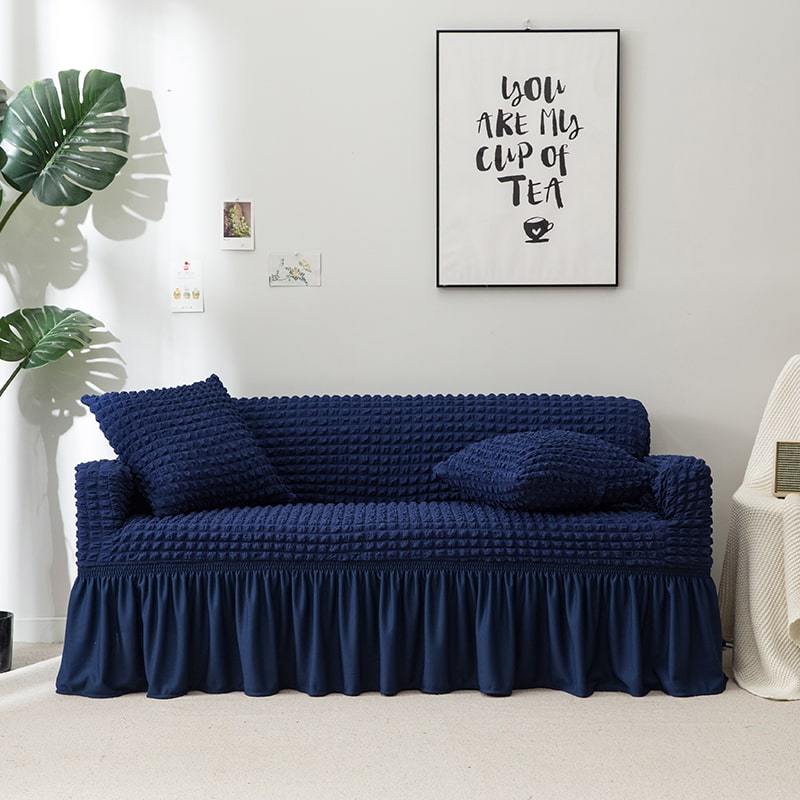 Blue - Stretch Sofa Covers With Pleated Skirt - The Sofa Cover House