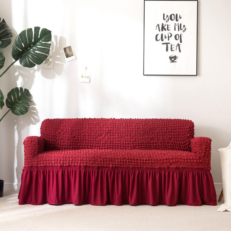 Red wine - Stretch Sofa Covers With Pleated Skirt - The Sofa Cover House